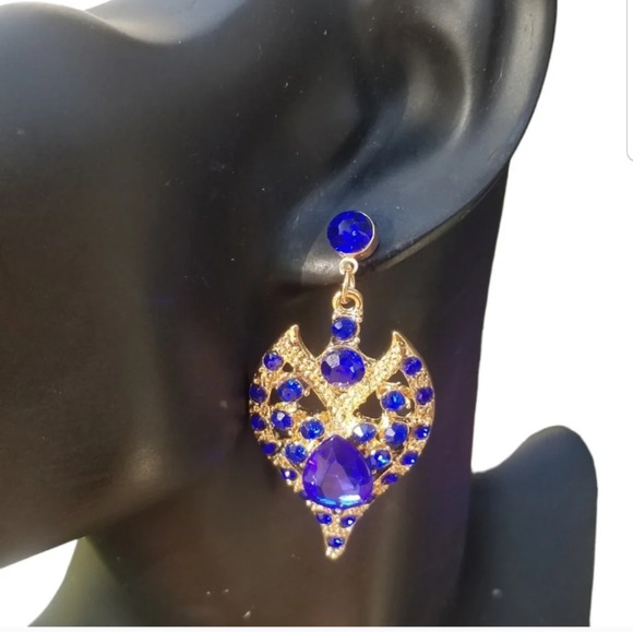 STUNNING VINTAGE COBALT BLUE RHINESTONE & GOLDTONED NECKLACE & EARRING SET - Picture 5 of 7